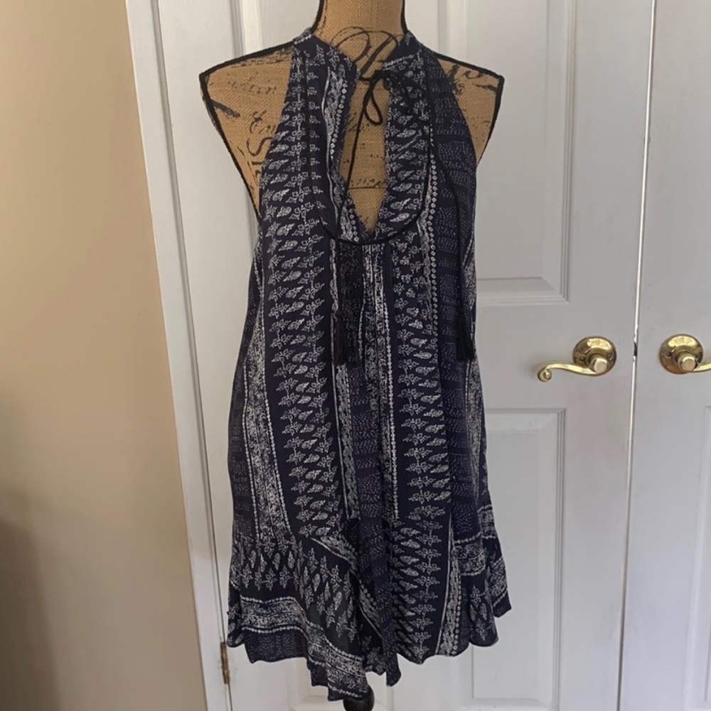 Vici Blue Graphic Boho Babydoll Swing Ruffle Lined Rayon Dress Lg